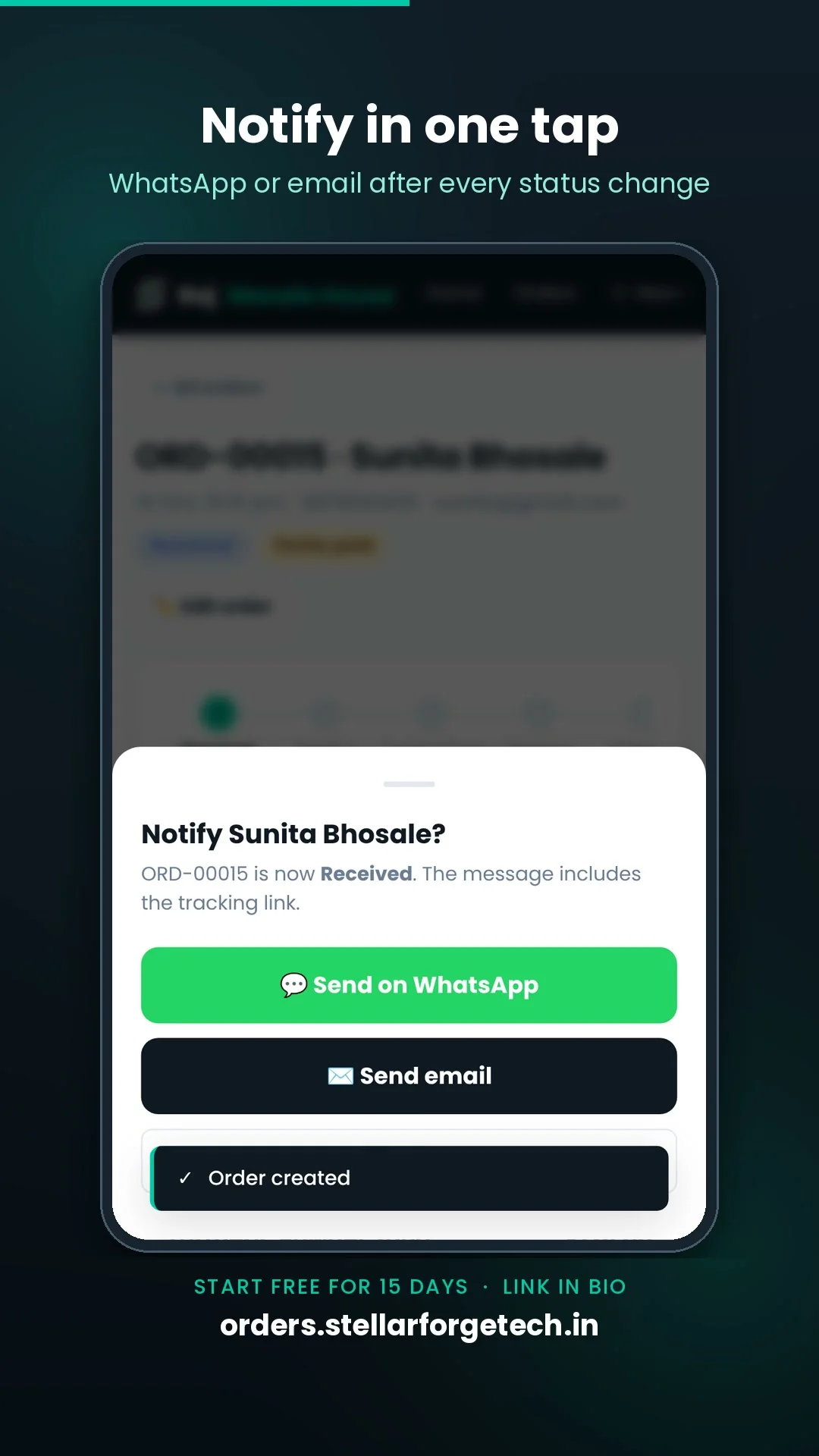 Order detail showing 5-stage timeline and Move to next step button