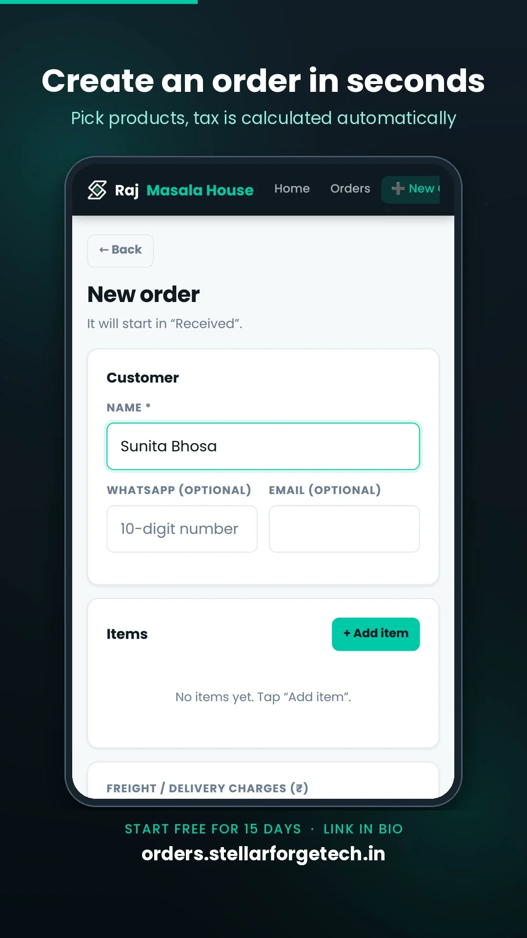 New order form with customer name, items and freight