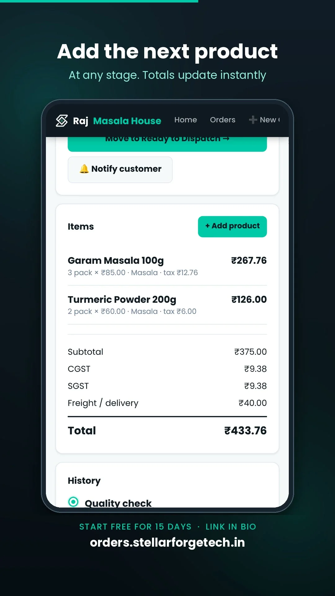 Order showing items with CGST SGST and freight, subtotal and total with payment status