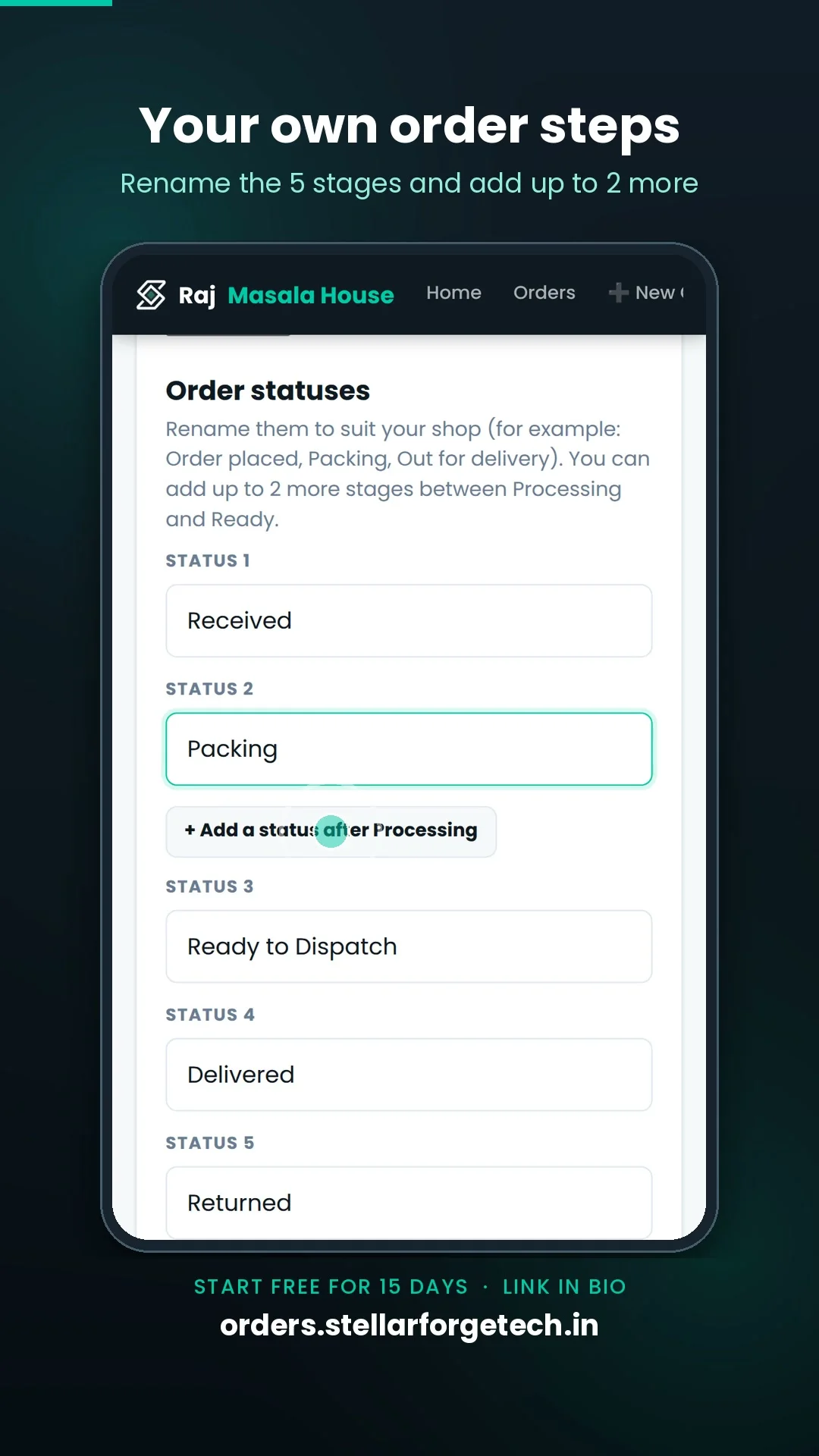 Settings screen showing order statuses rename with custom stage names like Packing and add more stages